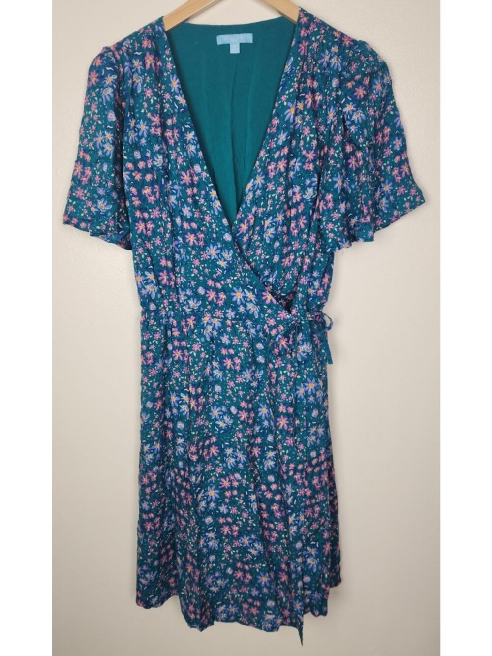 Draper James RSVP Women's Sz. M Teal Floral Knee Length Short Sleeve Wrap Dress